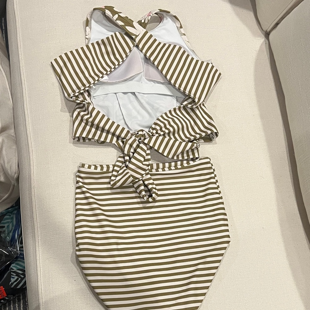 Lime Ricki olive and pink floral Striped Bikini Set size XS - Picture 4 of 8